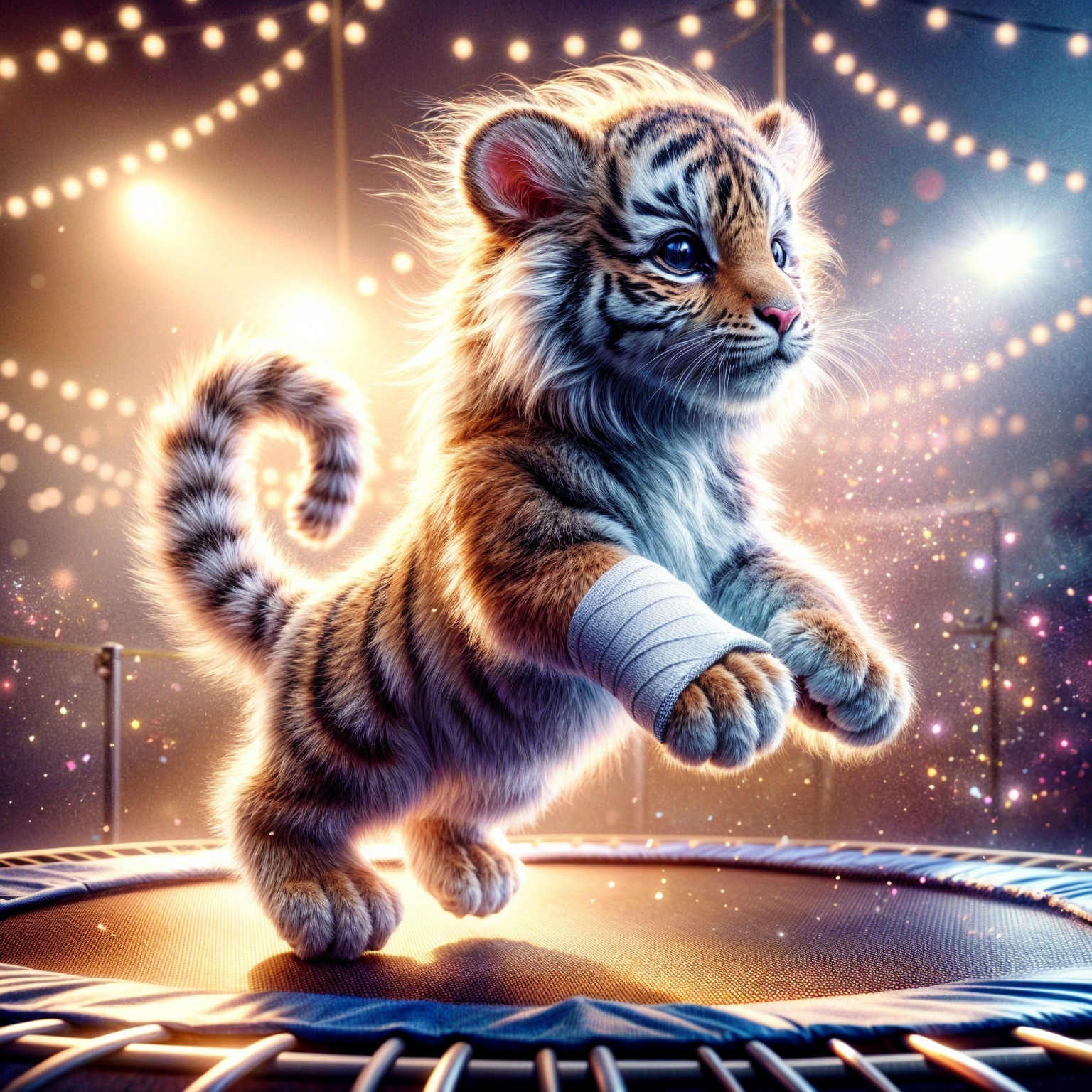 Playful baby tiger on trampoline with bandaged paw