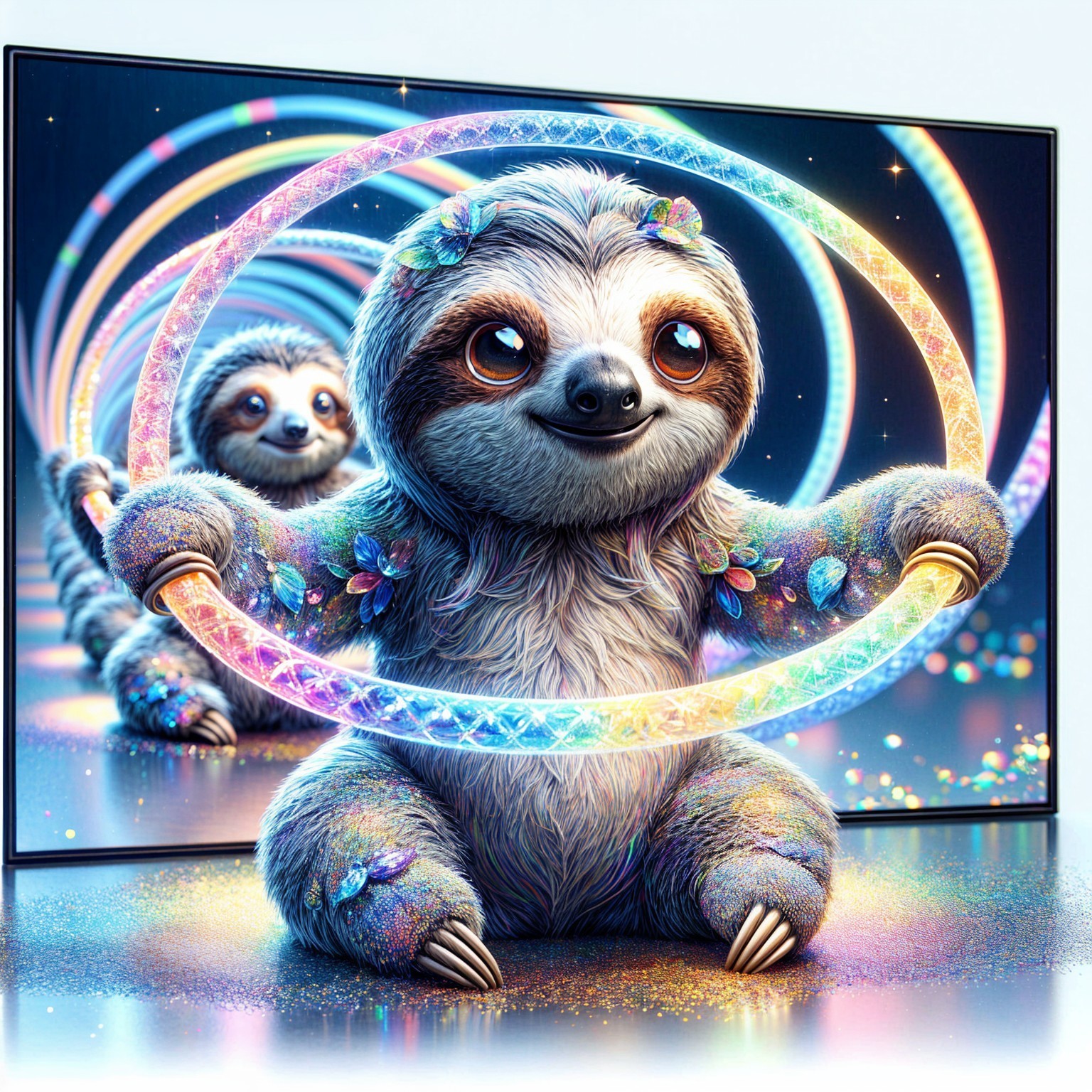 Playful Sloths Twirling Colorful Hula Hoops