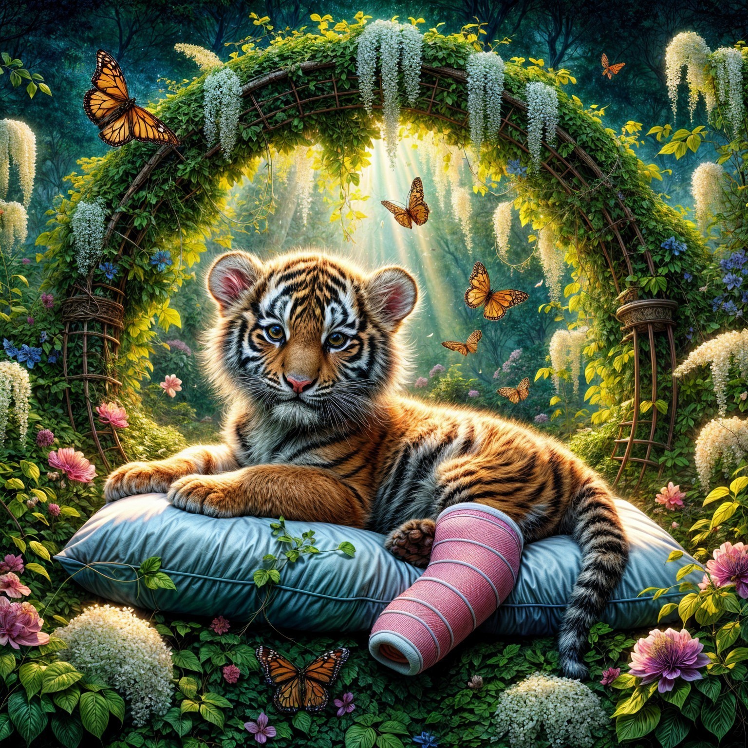 Young tiger cub resting on a floral pillow in nature