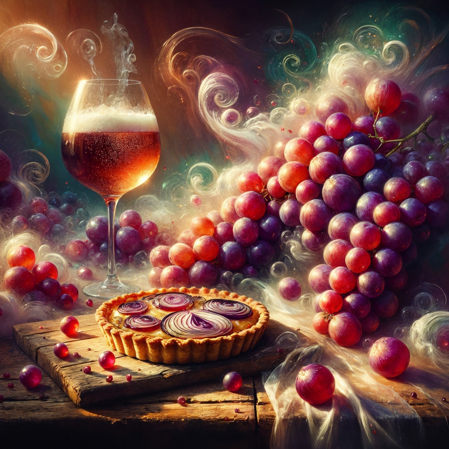 Sparkling Wine and Grapes on Rustic Wooden Table