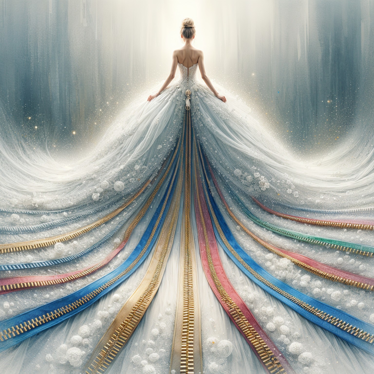 Ethereal gown with delicate textures and colorful zippers