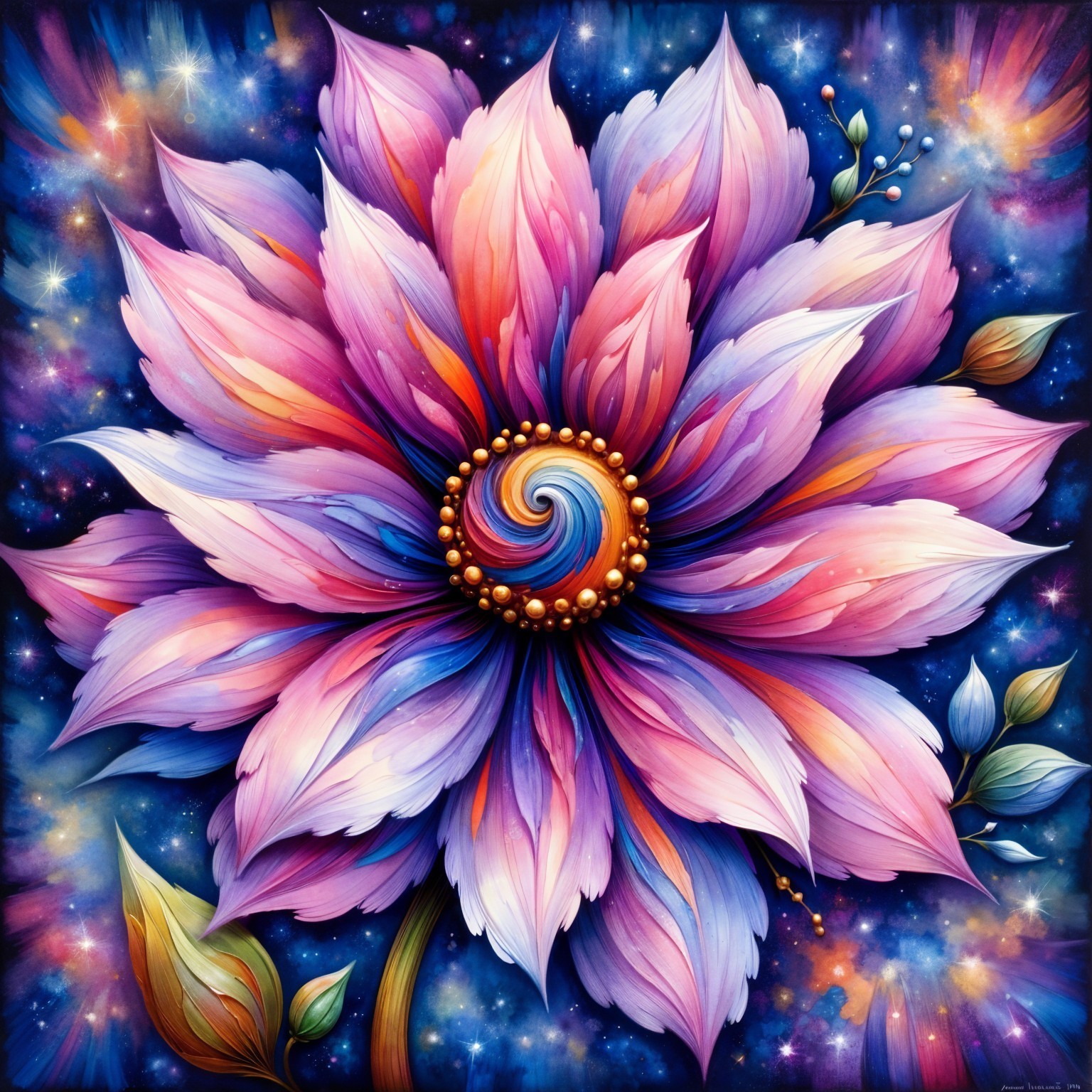 Vibrant Multicolored Flower Against Starry Night Sky
