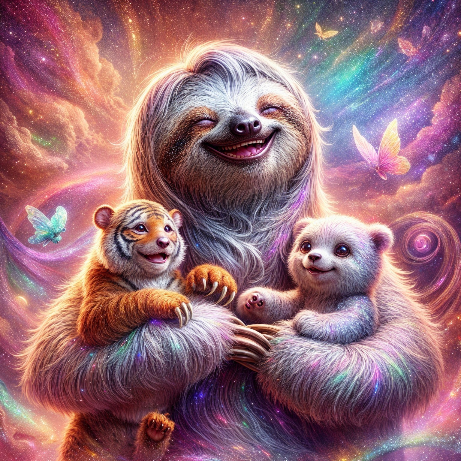 Joyful Sloth with Baby Tiger and Panda in Cosmic Scene