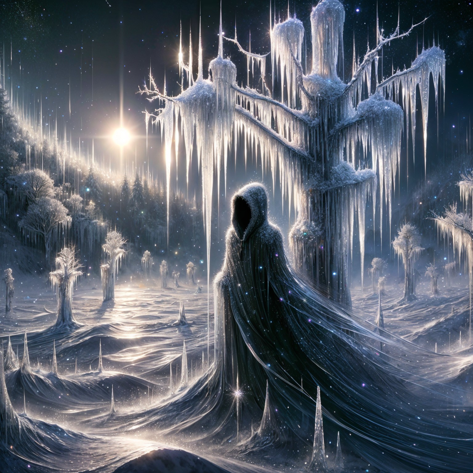 Mystical Winter Landscape with Cloaked Figure and Sunlight