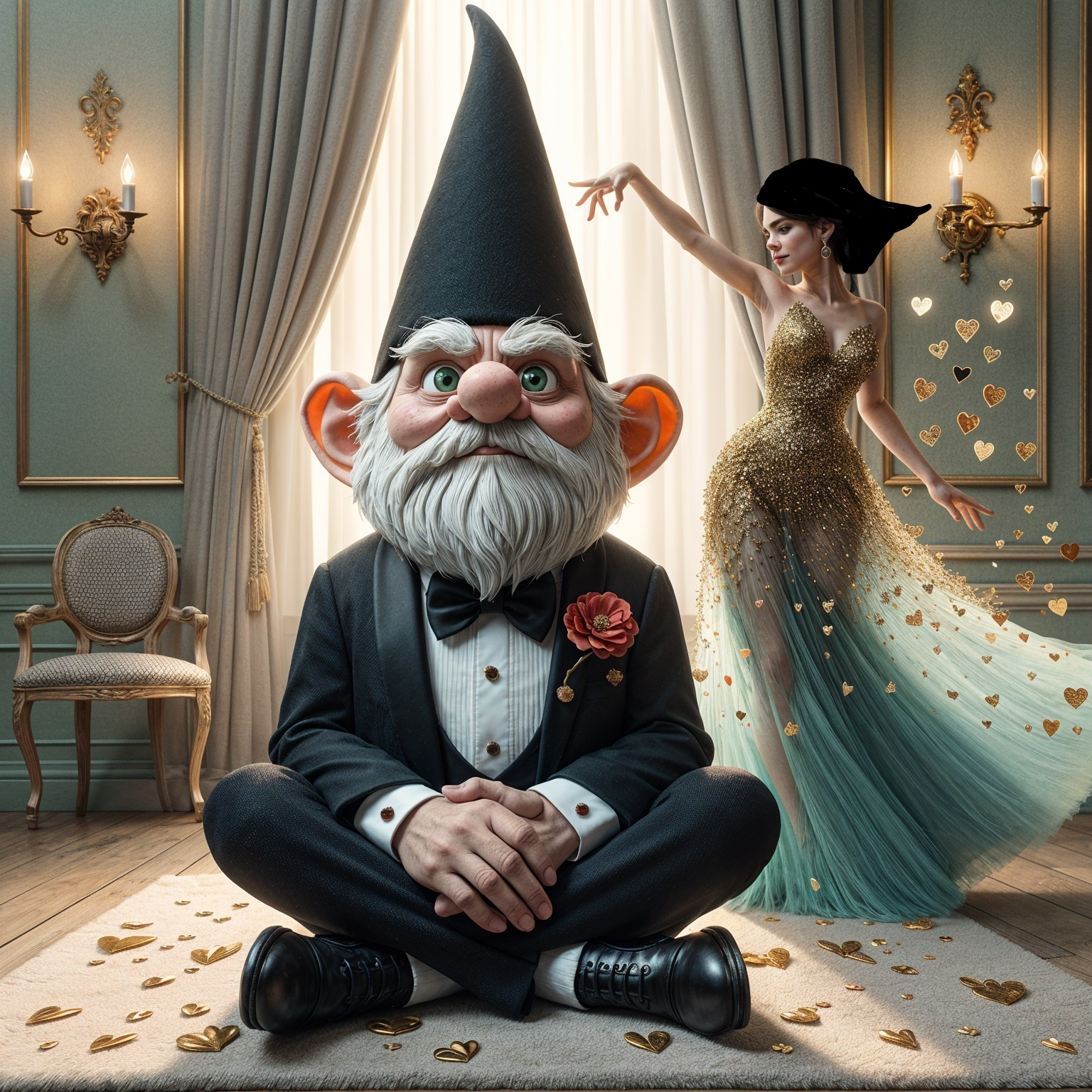 Whimsical Gnome and Dancing Woman in Elegant Room