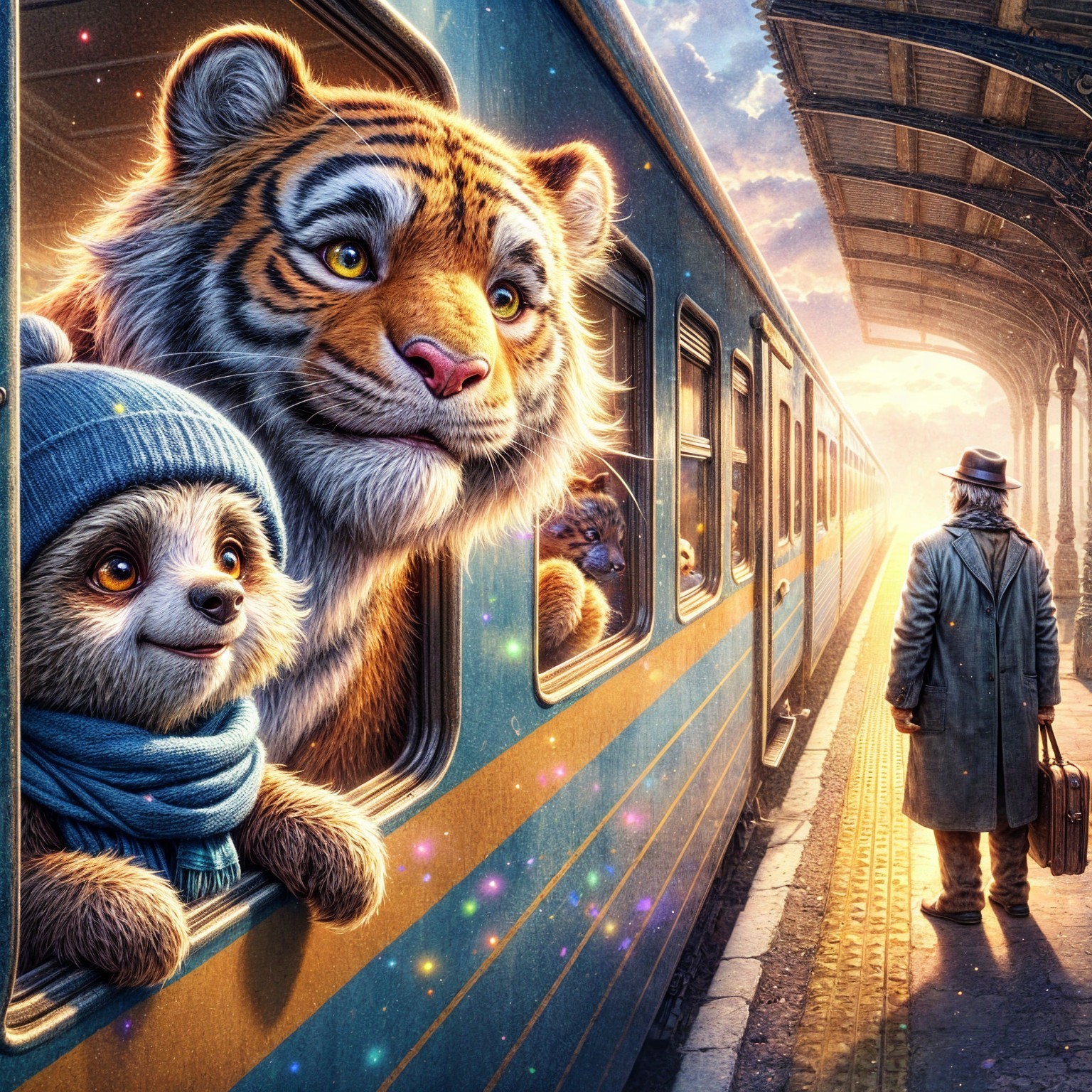 Tiger and Sloth in Colorful Train Station Scene
