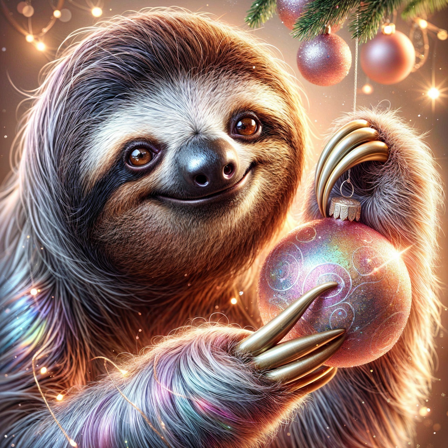 Playful Sloth with Ornament in Festive Setting