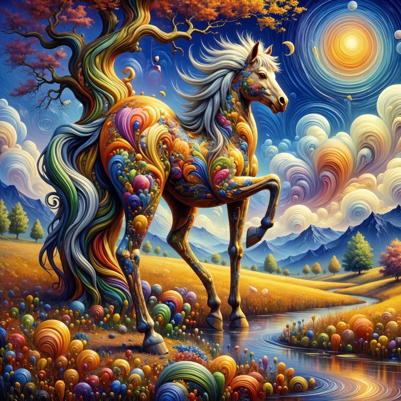 Majestic Horse in Colorful Dreamy Landscape Scene