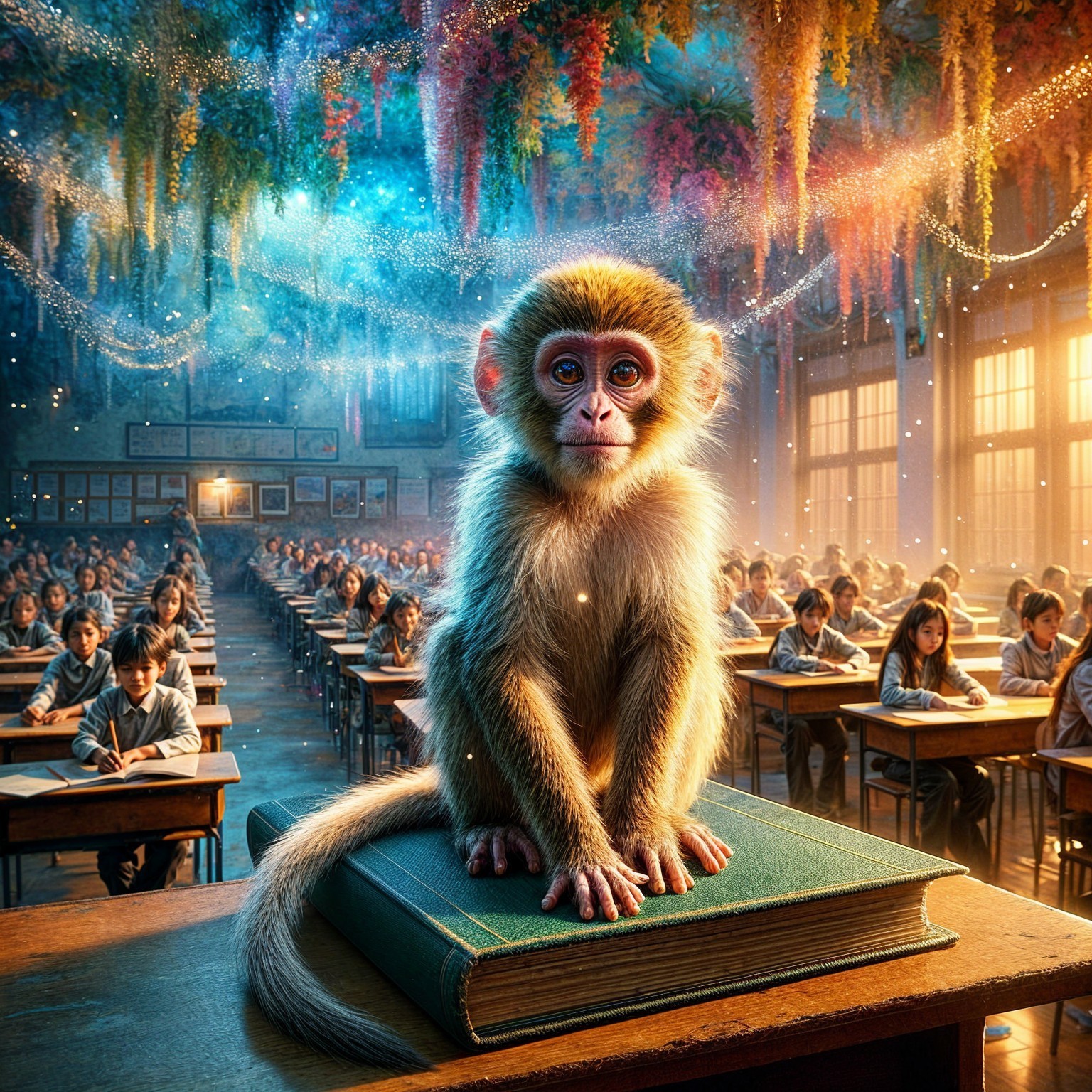 Monkey in a Colorful Classroom with Enchanted Decor