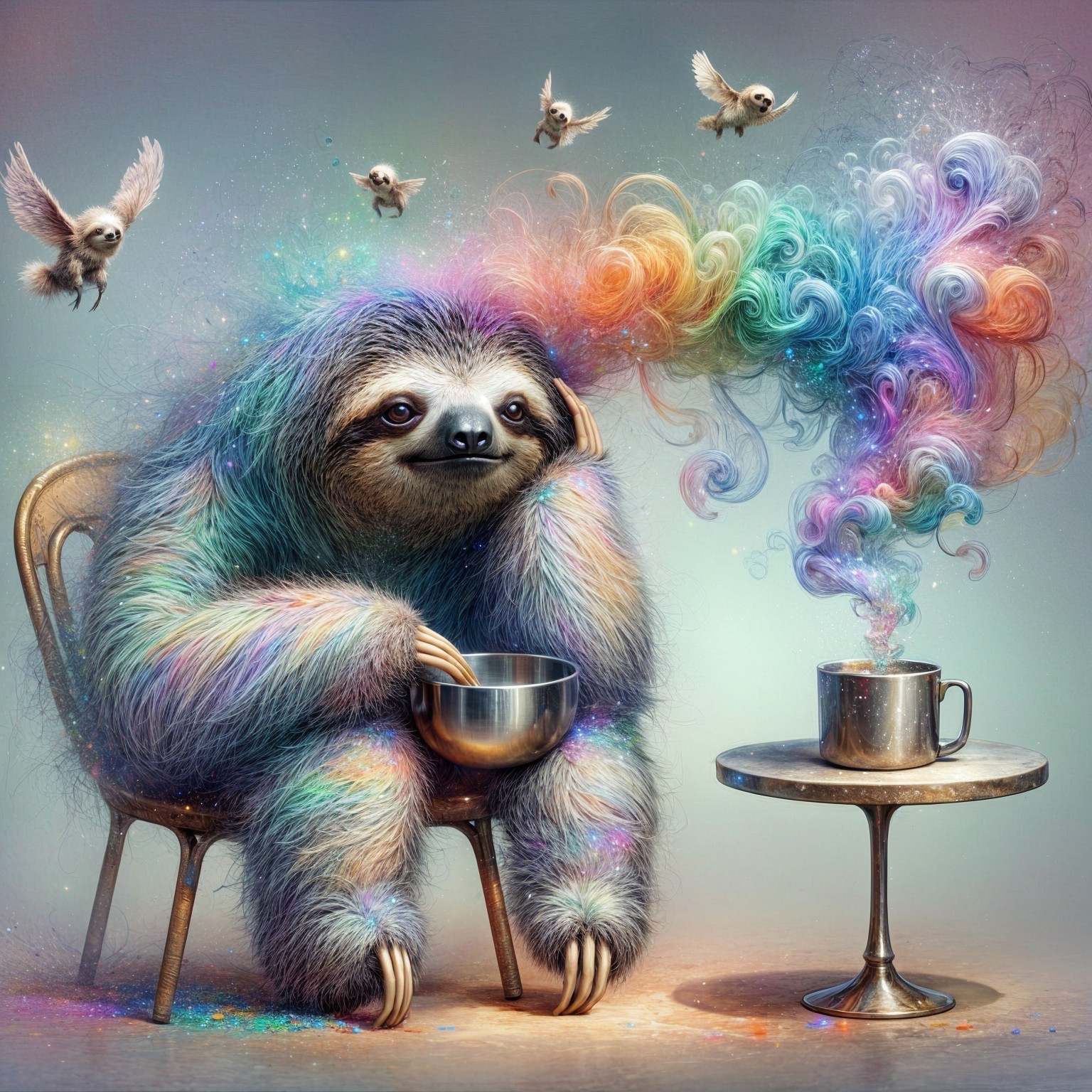 Whimsical sloth with colorful fur and playful birds