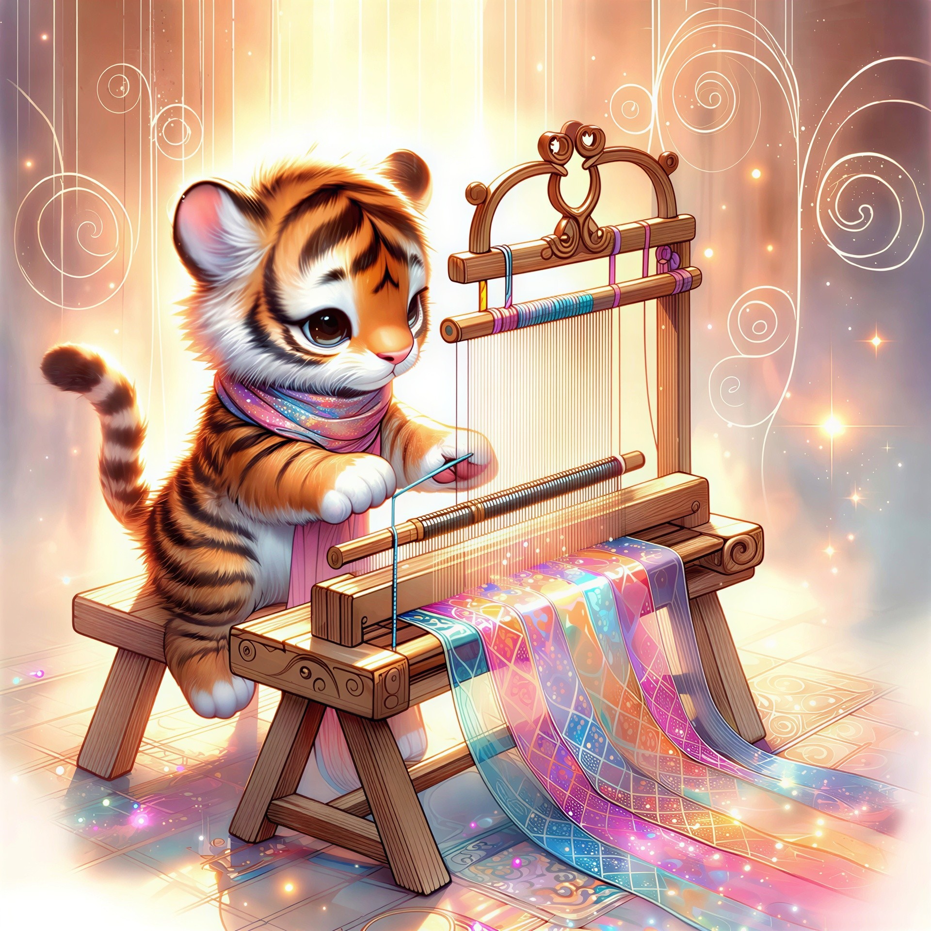 Detailed Digital Painting of Baby Tiger Weaving Fabric