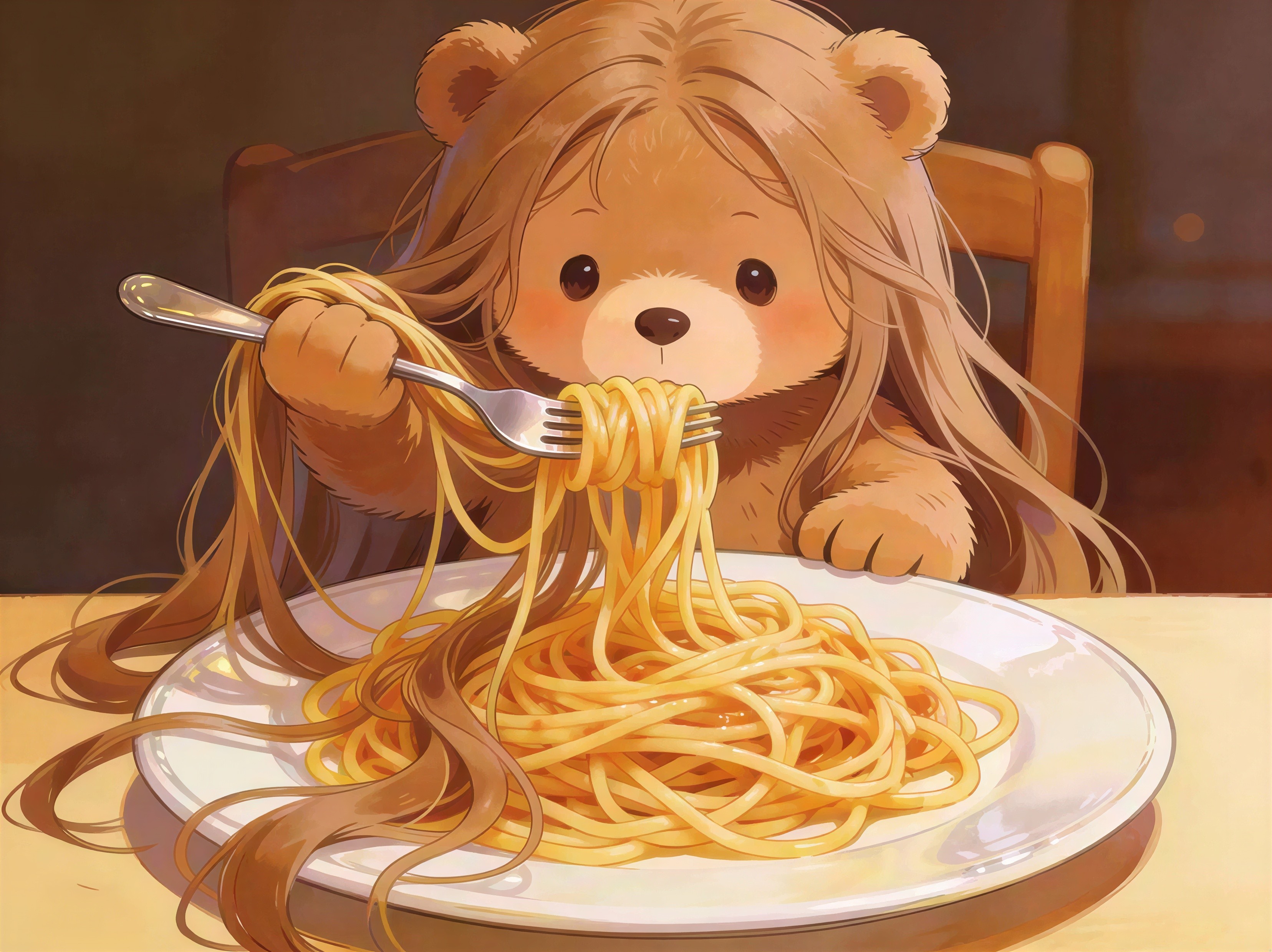 Fluffy cartoon teddy bear with spaghetti at a table