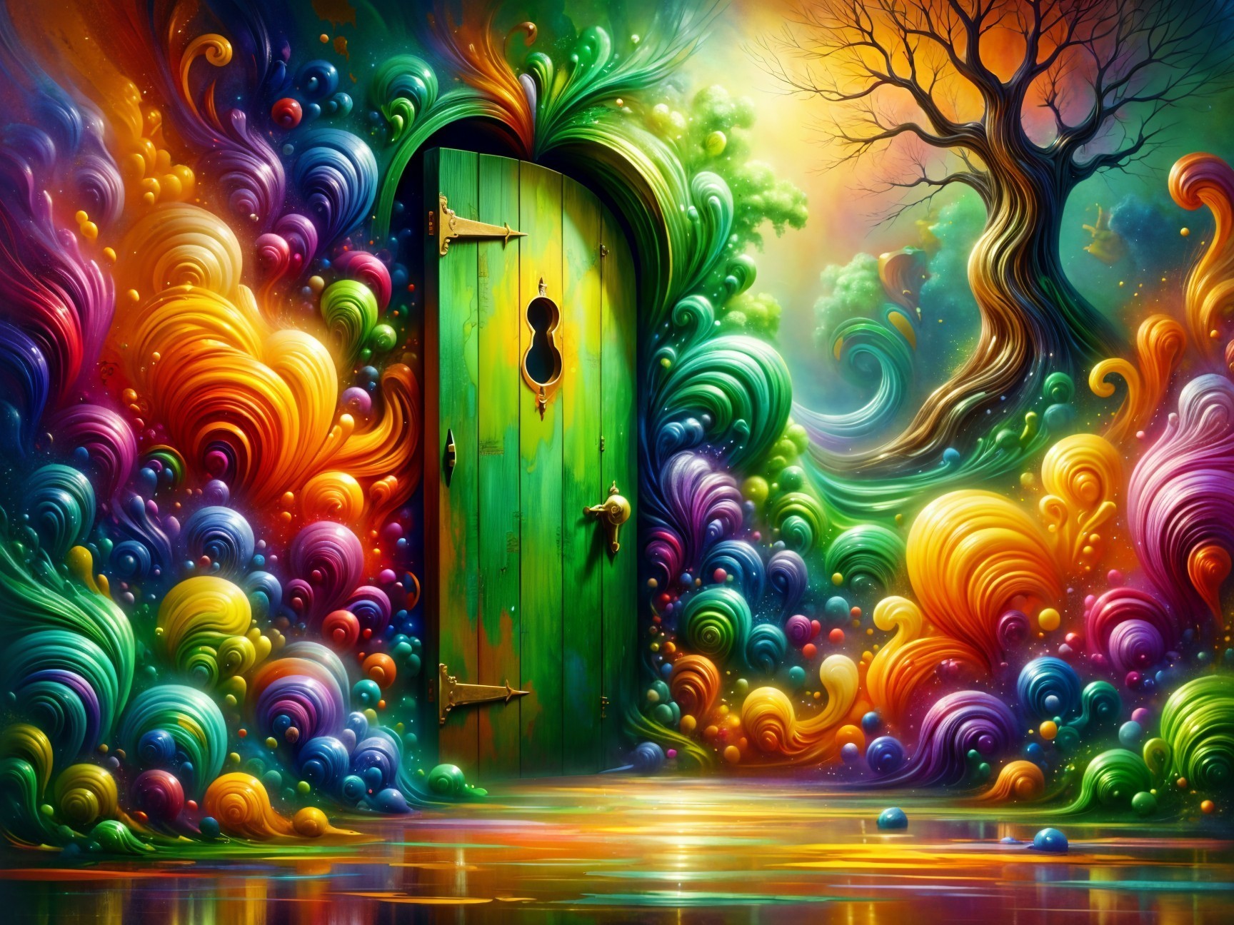 Vibrant Scene with Green Door and Colorful Clouds