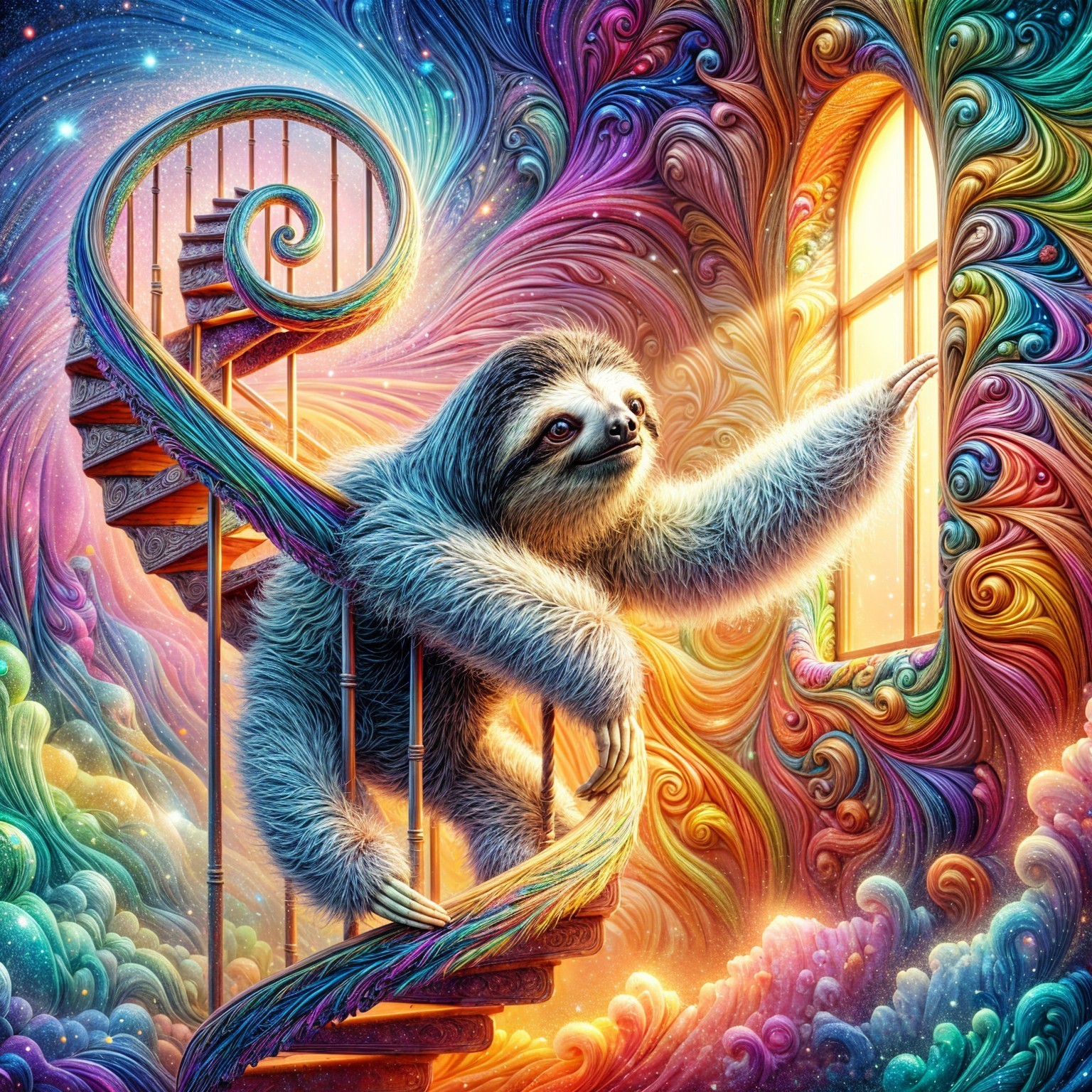 Sloth Climbing Colorful Spiral Staircase in Dreamscape