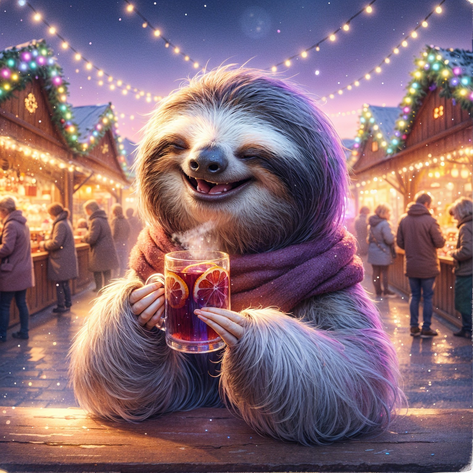 Cheerful sloth in scarf at festive holiday market