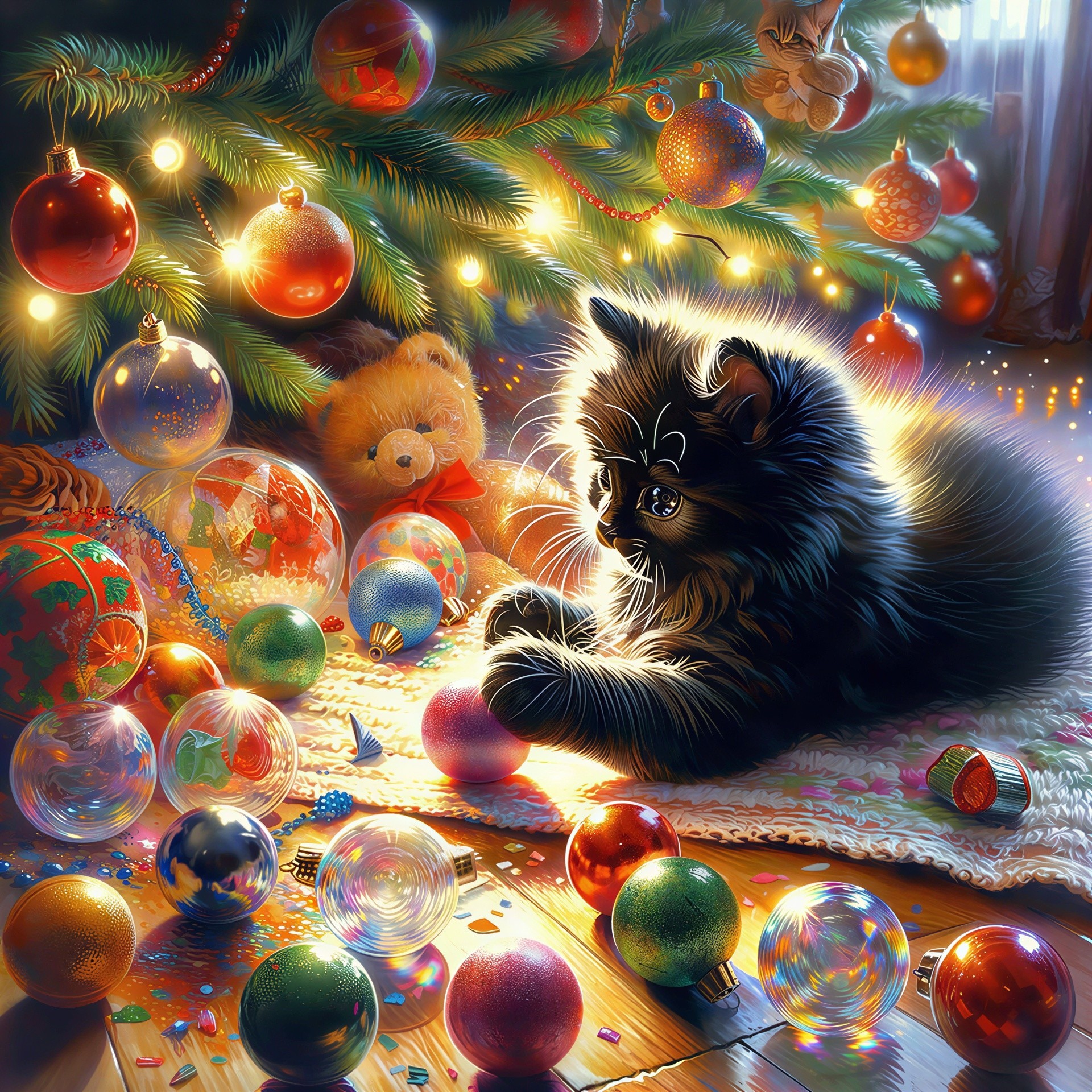 Detailed Christmas Scene with Kitten and Decorations