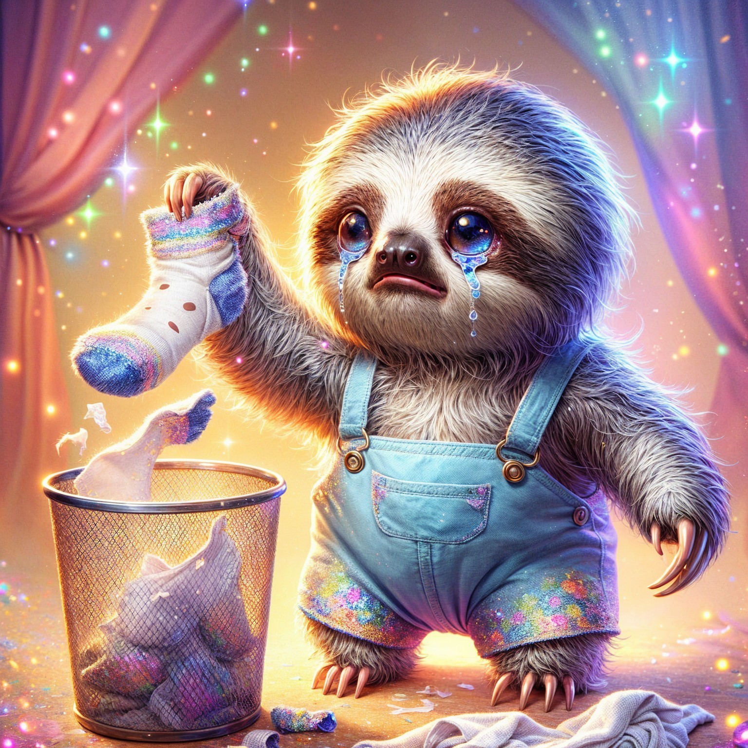 Sloth in Denim Overalls with Colorful Sock and Tears