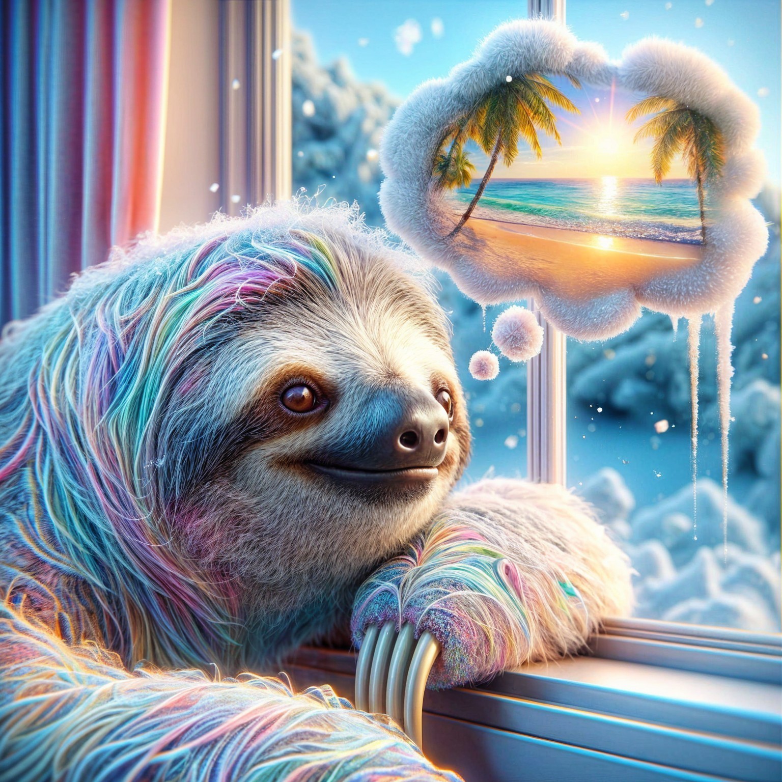 Colorful Sloth by Frosty Window with Dreamy Expression