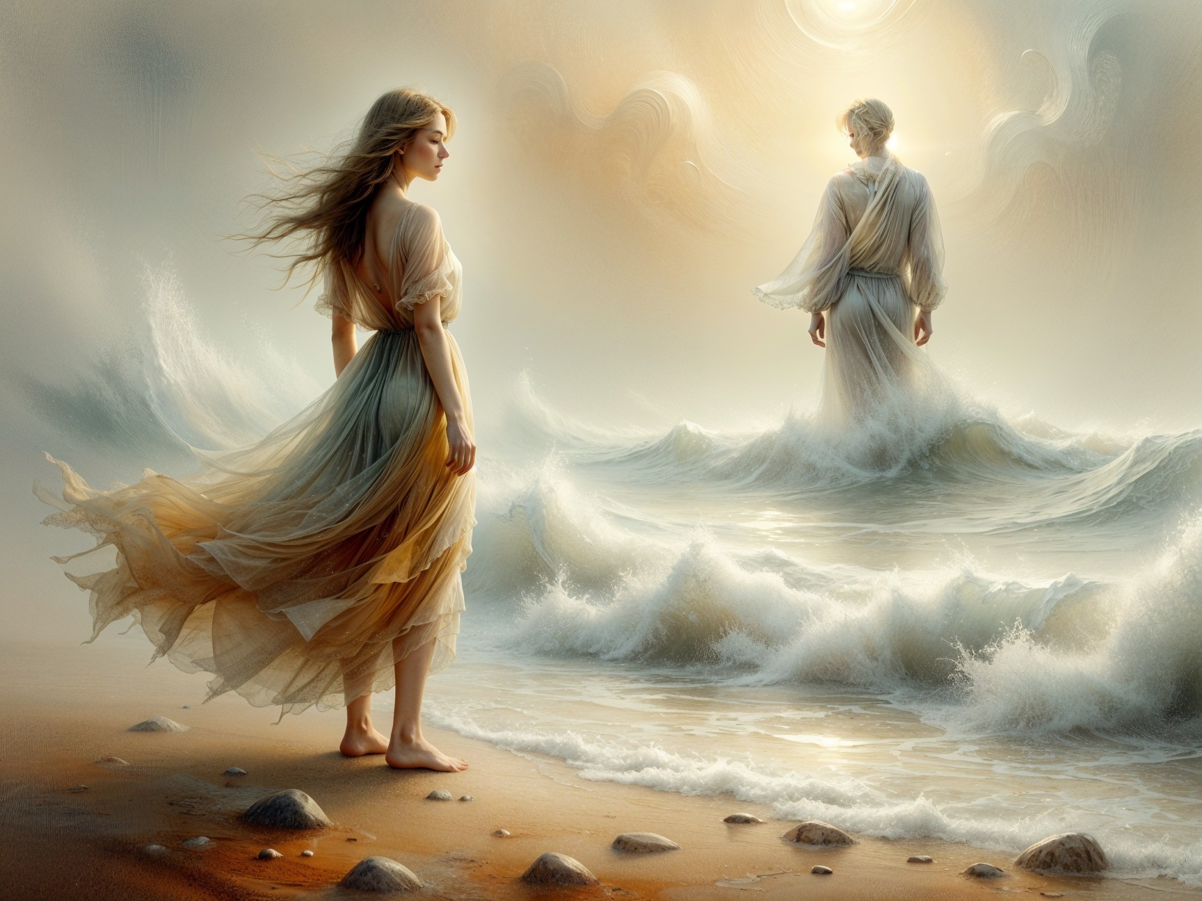 Serene Seascape with Woman in Ethereal Dress