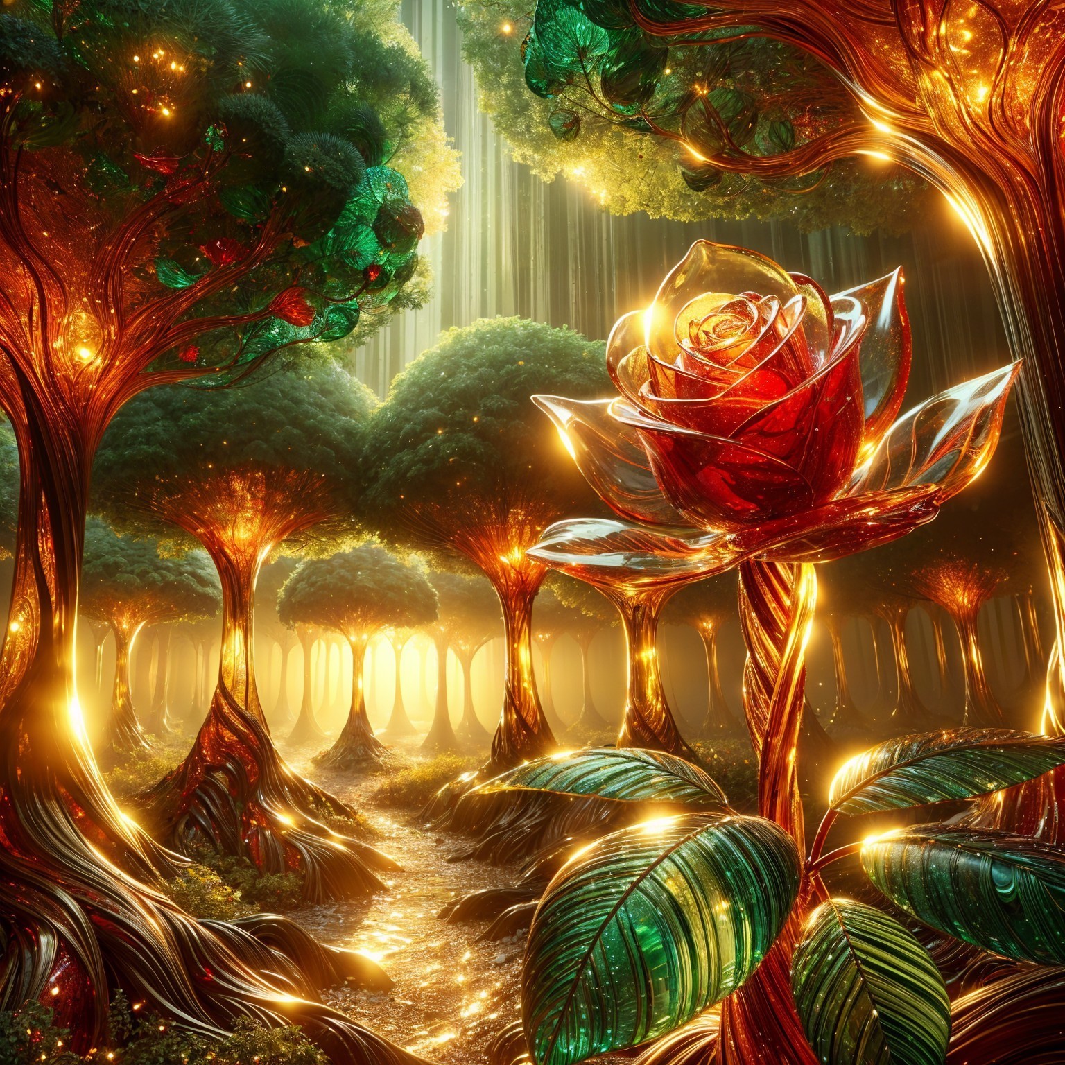Enchanted Forest with Shimmering Trees and Radiant Rose