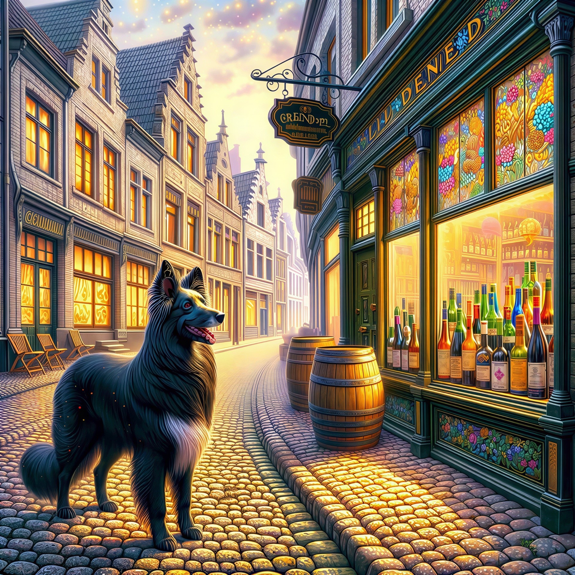 Black and White Dog on Cobblestone Street at Sunset