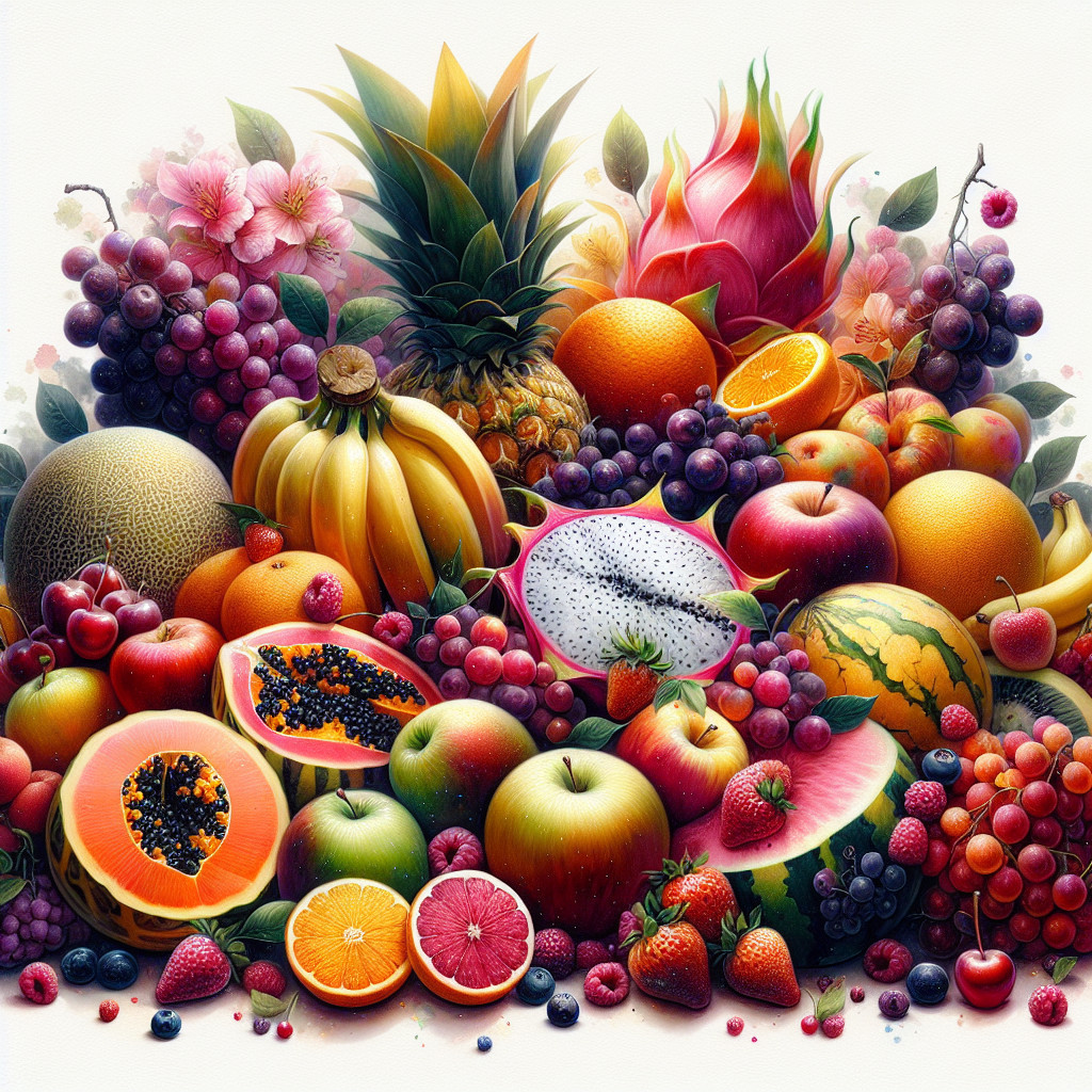 Colorful Fruit Arrangement with Flowers Display