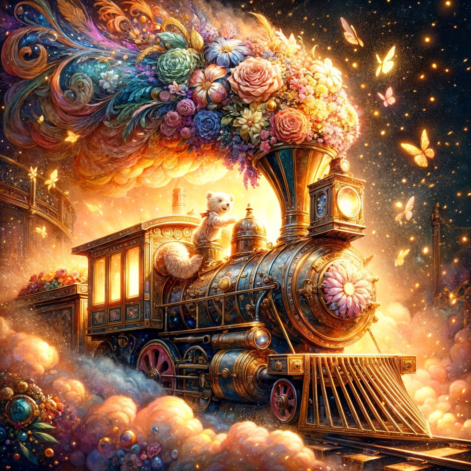 Whimsical Steam Train Surrounded by Colorful Elements