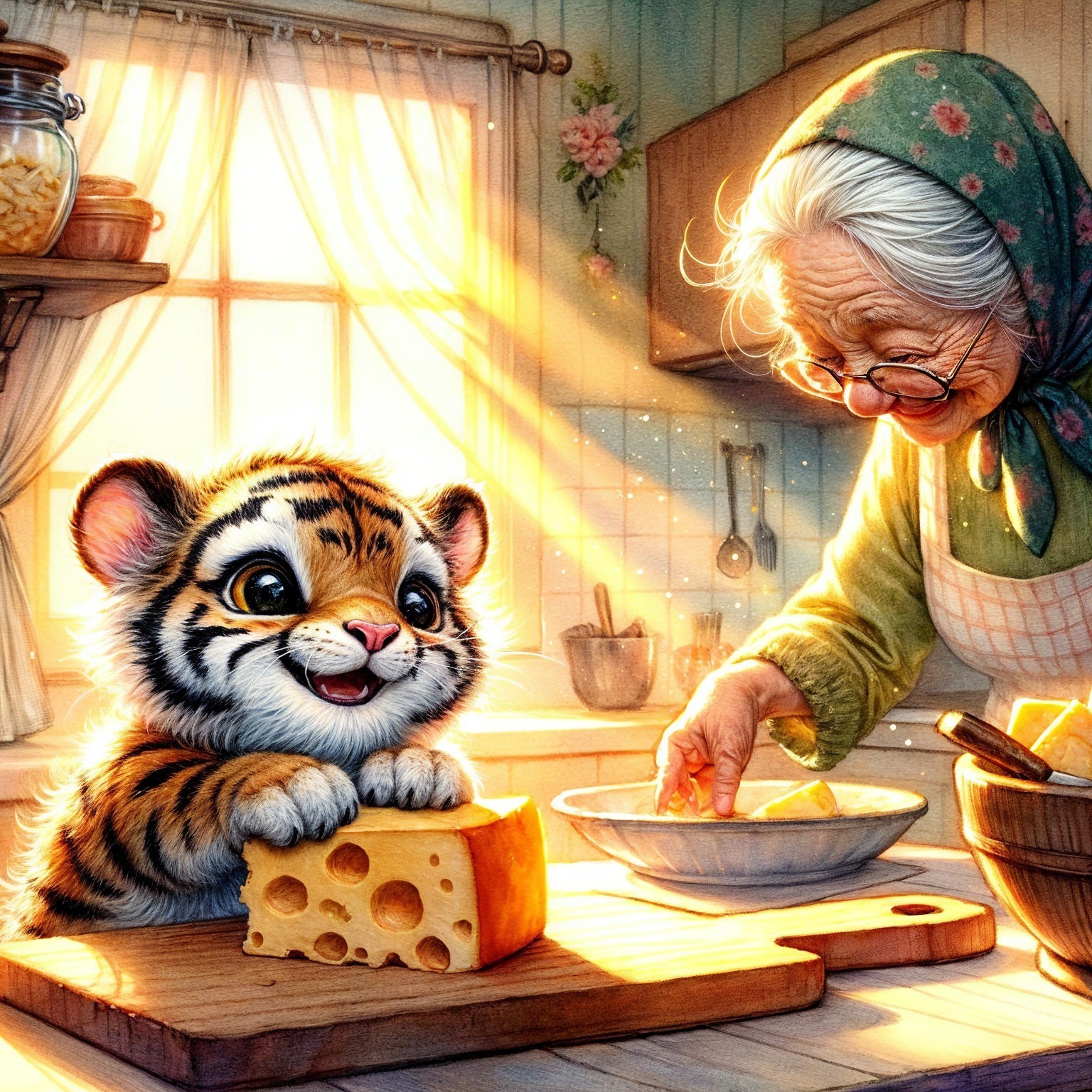 Cozy kitchen scene with baby tiger and elderly woman