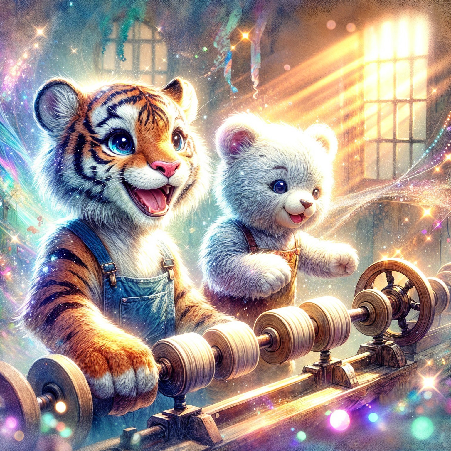 Tiger and Bear Cubs in a Whimsical Workshop Scene