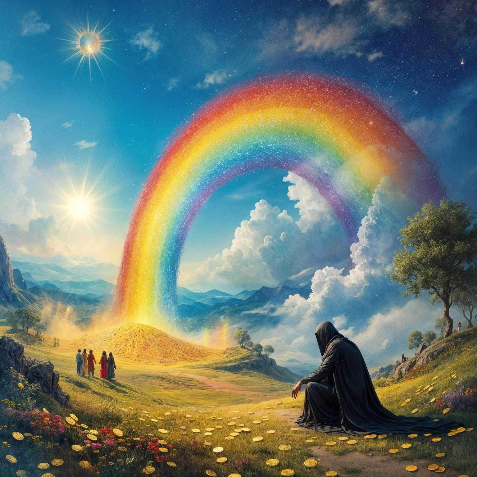 Serene Figure in Cloak Amidst Vibrant Rainbow Landscape