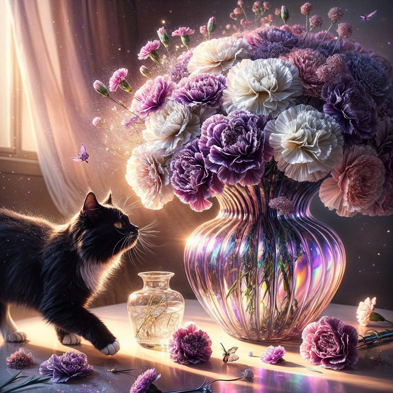Black Cat and Iridescent Vase with Flowers Scene