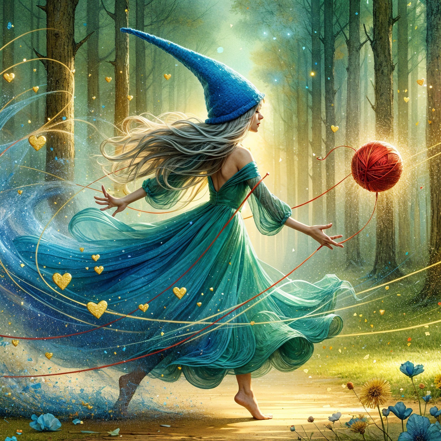 Whimsical figure in a magical forest with yarn ball