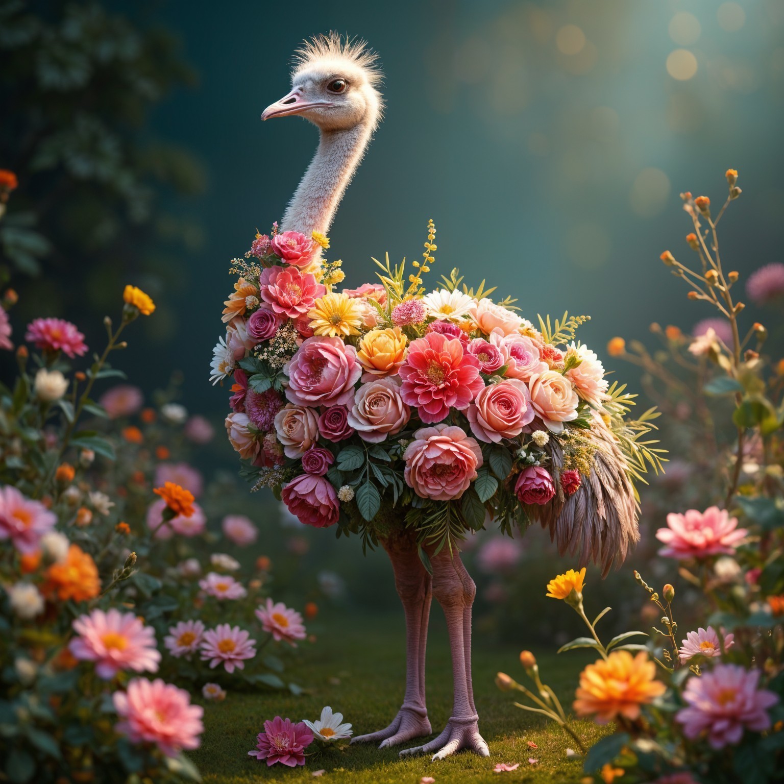 Ostrich in a Colorful Flower Garden Setting