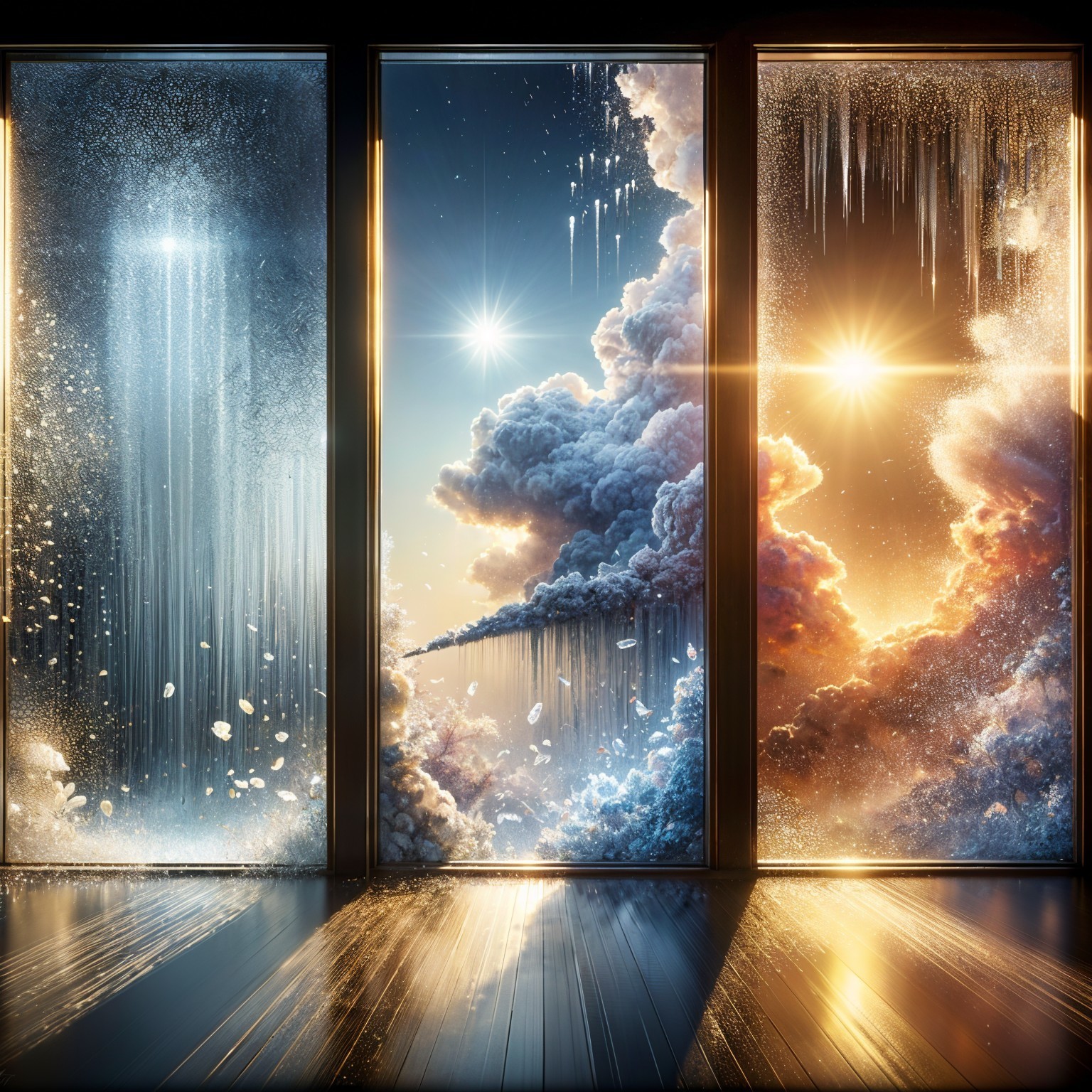 Three Windows Show Diverse Natural Landscapes