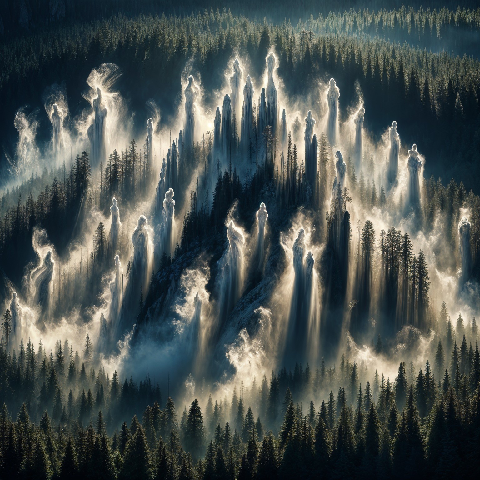 Mystical Landscape with Towering Rock Formations and Mist