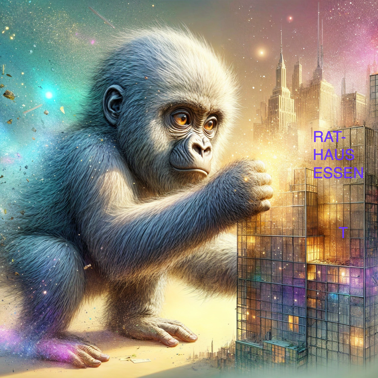Fluffy Gorilla Cub Reaching Toward Futuristic Cityscape