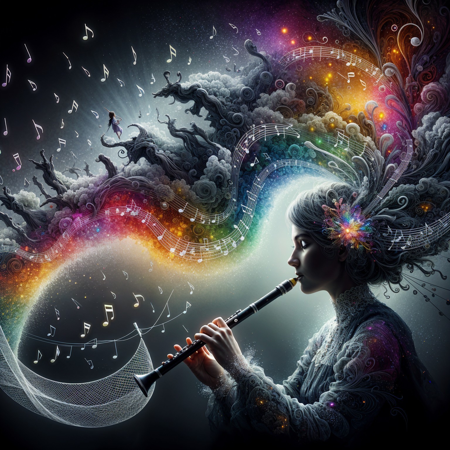 Silhouette of a Woman Playing Flute with Colorful Background