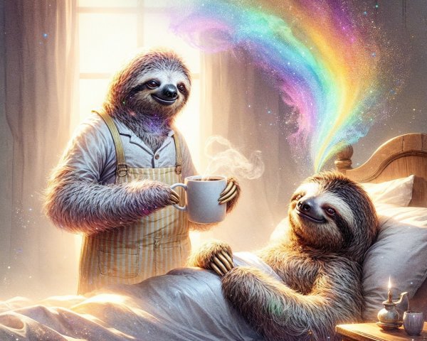 Cozy Bedroom with Sloths and Whimsical Rainbow