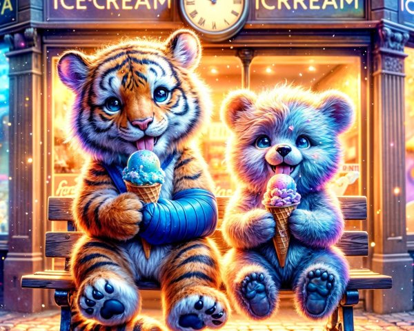 Cartoon Tiger and Bear Enjoy Ice Cream in Park