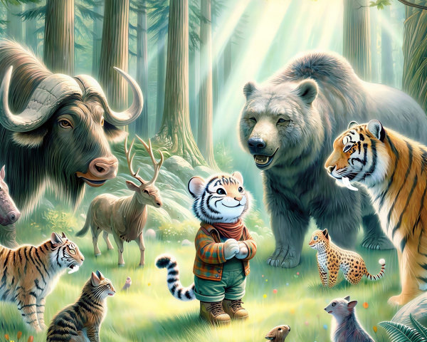 Cartoon Tiger in Forest Clearing with Various Animals