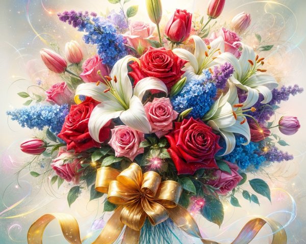 Vibrant Floral Bouquet with Roses, Lilies, and Delphiniums