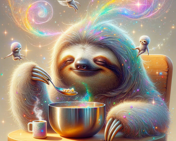 Cheerful Sloth Enjoying Colorful Cereal in Magic Scene