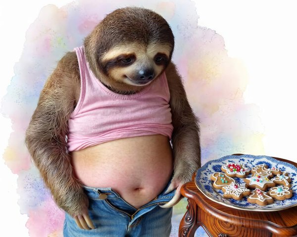 Brown Sloth in Jeans with Gingerbread Cookies Display