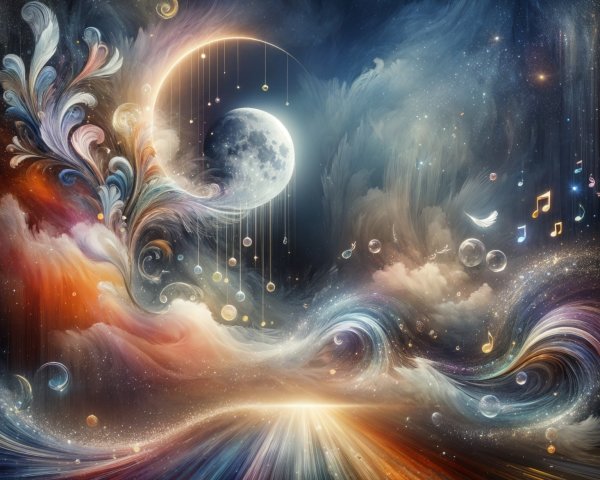 Vibrant Cosmic Scene with Moon and Musical Notes