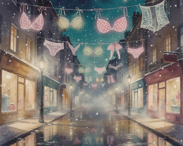 Snowy Winter Night Street Scene with Lingerie Lights