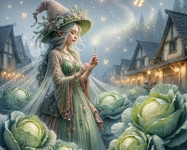 Fairy in Pastel Gown Among Lush Cabbages and Butterflies