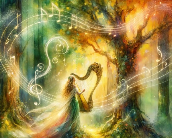 Ethereal Figure Playing Harp in Magical Forest