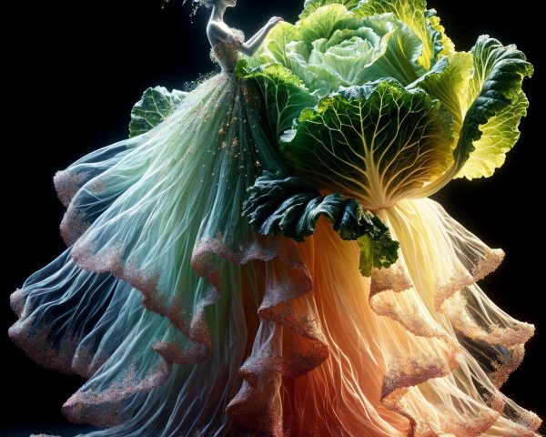 Whimsical Figure in Cabbage Leaf-Inspired Gown