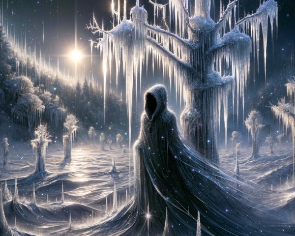 Mystical Winter Landscape with Cloaked Figure and Sunlight