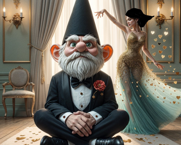 Whimsical Gnome and Dancing Woman in Elegant Room